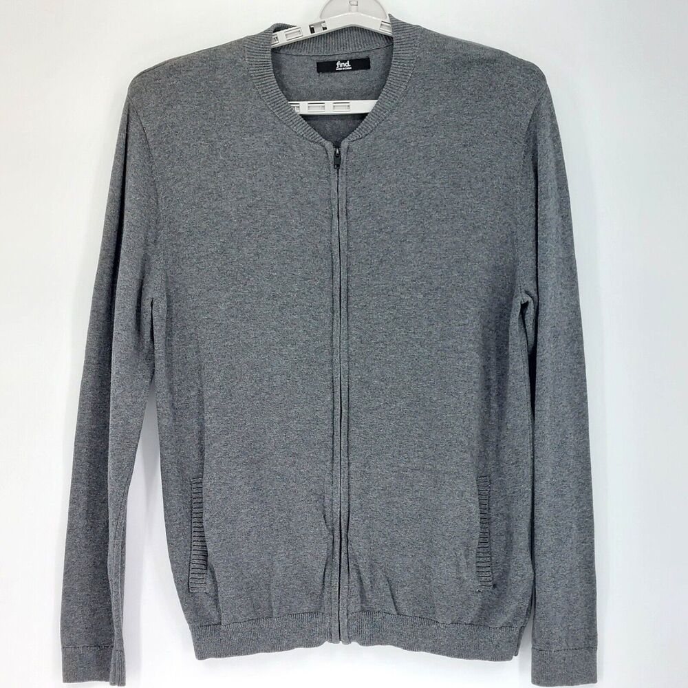 FIND Full Zip Sweater Mens Sz L Gray Cardigan Pockets Cozy Grandpacore Classic